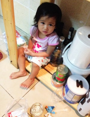 She likes to sit here while Mama is busy in the kitchen. 